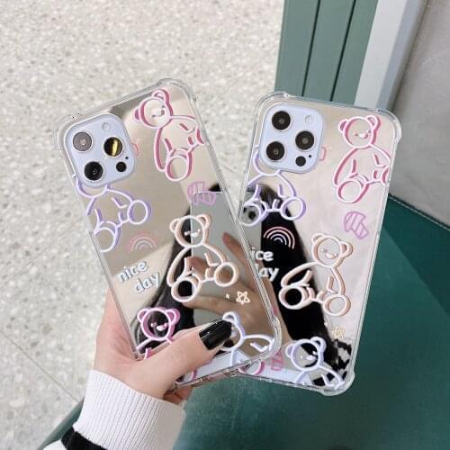 Mirror Cute Bear TPU Cases For iPhone X XR 8 7 Plus SE 2020 Shockproof Cases Protection Cover For iPhone 12 11 Pro XS Max