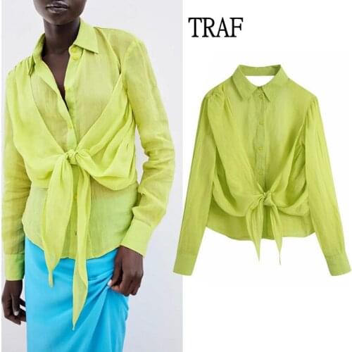 TRAF Top Women Blouse Za 2021 Summer Fashion Backless Shirt Women Long Sleeve Korean Fashion Clothing Bow Top Female Shirt Tops
