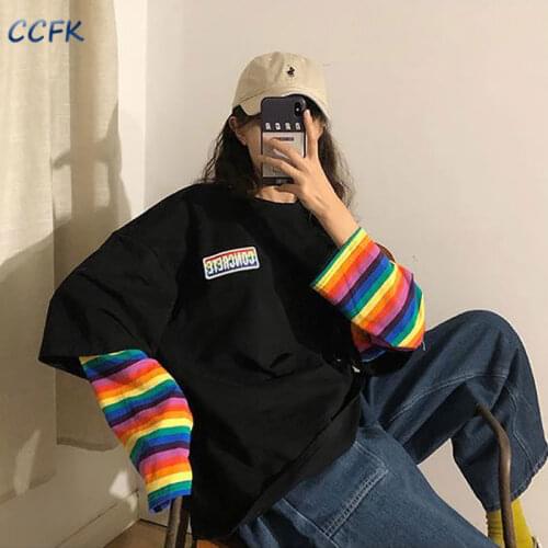Rainbow T Shirts Aesthetic Women Fake Two-piece Long-sleeved Top Female Loose Spring Autumn Bottom Shirt Y2K Indie Teens Clothes