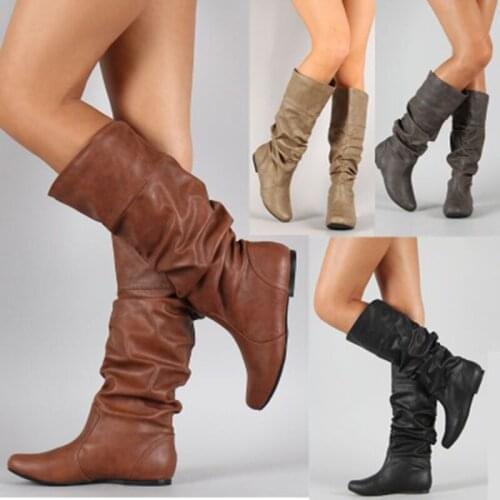Women Knee High Boots Leather Cowboy Cowgirl Boots Pointed Toe Slip-On Western Girls Motorcycle Shoes Woman Ladies Botas 2020