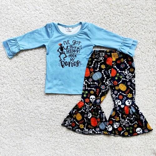 Hot Sale Halloween Kids Long Sleeve Outfit Girl Icing Ruffle Design Top Match Black Flare Pants Suit