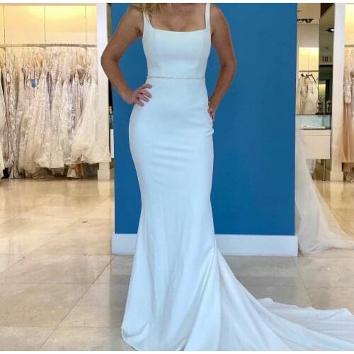 Vintage Long Satin Mermaid Wedding Dresses White Button Back Sweep Train Robes De Mariée Bridal Gown For Women