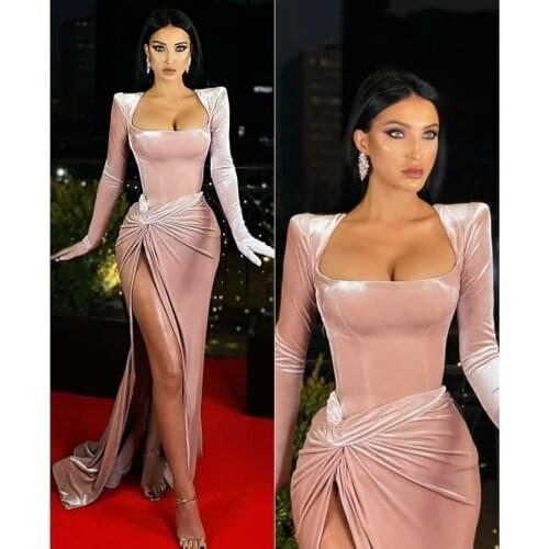 Long Pink Square Neck Celebrity Dresses with High Slit Robe De Soiree Sweep Train Mermaid Velvet Formal Dresses for Women