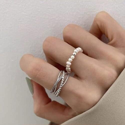 VSnow Unique Design Multi-layer Staggered Opening Ring for Women Stylish Natural Pearl Beaded Hollow Index Finger Ring Jewelry