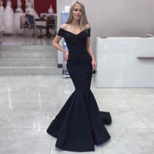 Elegant Off Shoulder Evening Dress Mermaid Style Black Satin 2020 Women Formal Party Gowns Vestido De Noche Robe De Soiree Cheap