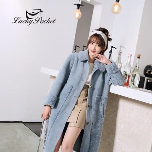 Winter Women Thick Warm Blue Fur Coat Ladies Turn-down Collar Wool Coat Female Slim Sweet Long Parkas Fashion Lamb Fur Coat DM6