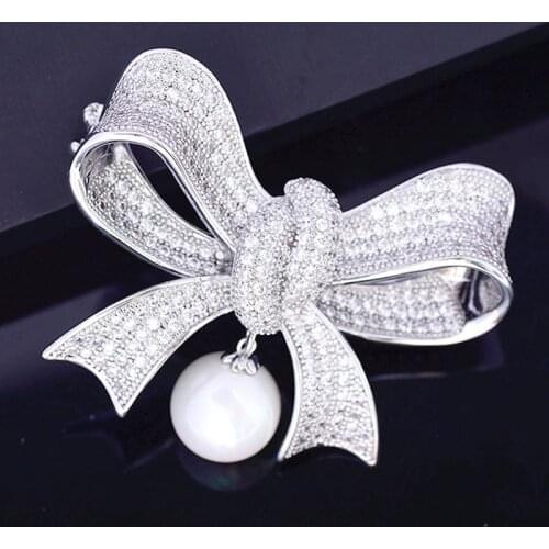 Zlxgirl luxury brand bow shape pearl wedding brooches jewelry for women anniversary bijoux full zircon copper scarf pins broches