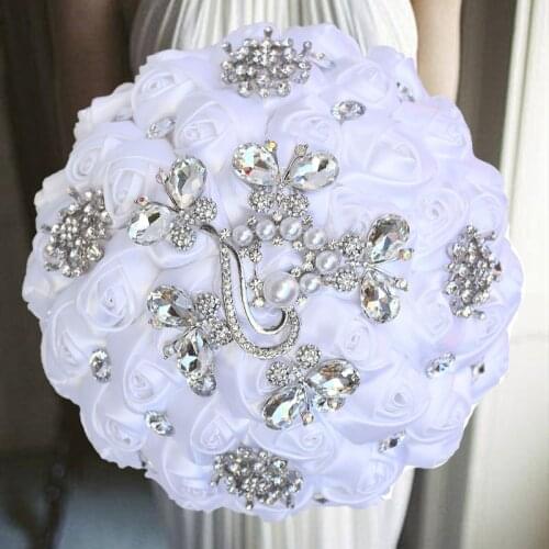 1PCs /lot White Silver Crystal Marriage Ribbon Wedding Bouquet For Wedding Decoration