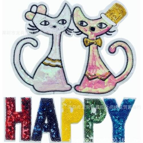 10pcs/lot Luxury Sequins Embroidery Patch Happy Mr. Mrs. Lucky Cat Couple Letter Animal Clothing Decoration Craft Diy Applique