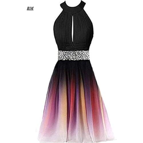 2020 Halter Short Ombre Prom Dresses Chiffon Sequins Beading Gradient Formal Evening Homecoming Party Gown Vestidos BM256