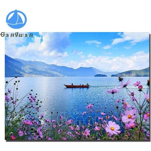 5D DIY diamond painting blue sky lake flower natural landscape,Home decoration cross stitch full square round diamond Emeroidery