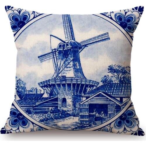 Antique Delft Blue Netherland Retro Vase Pattern Art Home Decorative Sofa Throw Pillow Case Windmill Canal House Cushion Cover