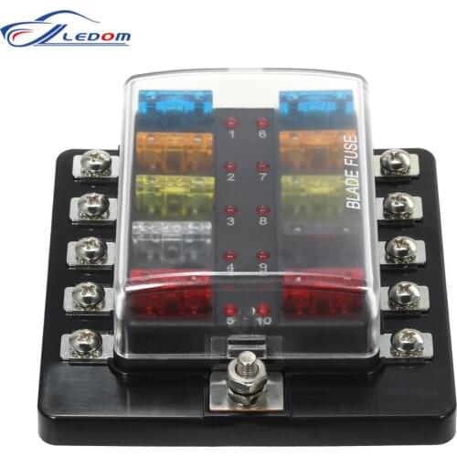 10 Ways Blade Fuse Box with LED Indicator Fuse Block for Car Boat Marine Caravan DC 12V 24V Send 10Pcs Fuses
