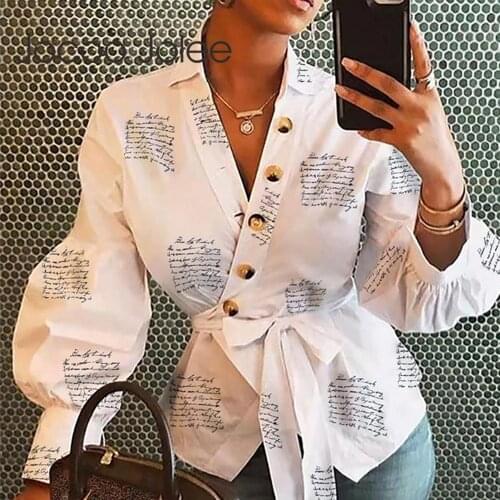 Women Letters Print Blouse Causal Spring Lantern Long Sleeve Shirt V Neck Tops And Blouses with Sashes Streetwear Outfits