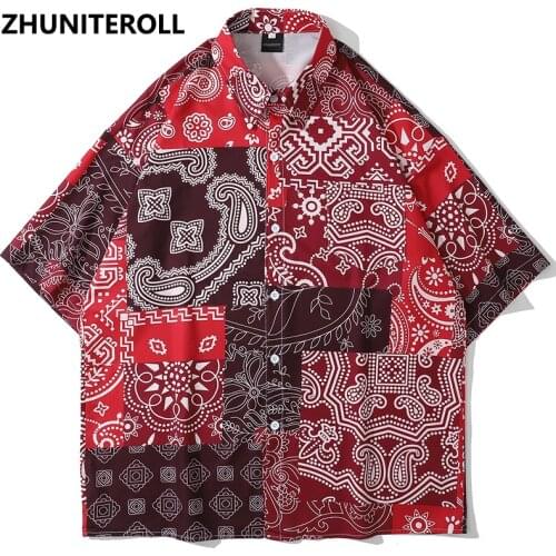 Patchwork Bohemia Hawaiian Blouse Hip Hop Streetwear Paisley Print Short Sleeve Shirts Fashion Casual Harajuku Men Summer Tops