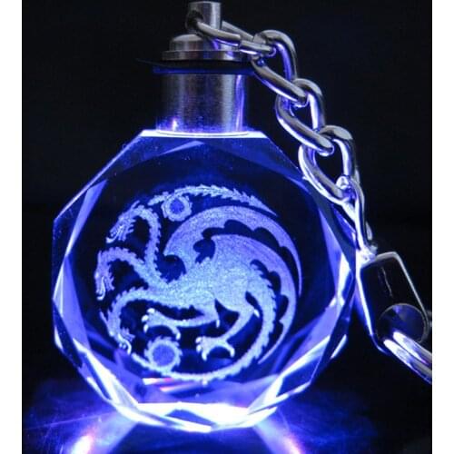 Dragon Symbol Badge Crystal Led Keychain Colorful LED Light Car Key Ring Glass Key Chain Souvenir Gift Porte Clef