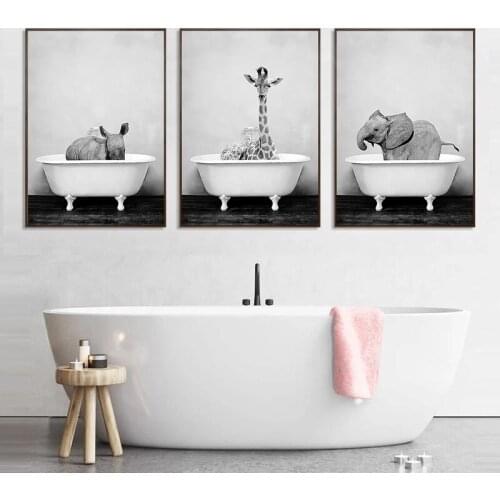 Black and White African Animal Elephant Bathing Canvas Painting Posters Print Wall Art Picture for Bathroom Home Decor Cuadros