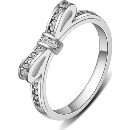 Authentic S925 Silver Plated Sparkling Bow Ring For Women Wedding Party fit Lady Fine Jewelry