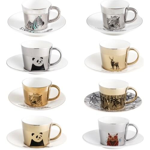 Creative Coffee Mug with Tray Cup Plating Mirror Reflection Cup Mug Ceramic Coffee Cup and Saucer Set Travel Stirrer Funny Mugs