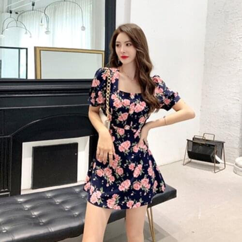 Summer Vacation Party Dresses Women Elegant Sexy Party Floral Print A Line Dress Square Collar Short Sleeve Hollow Out Dress