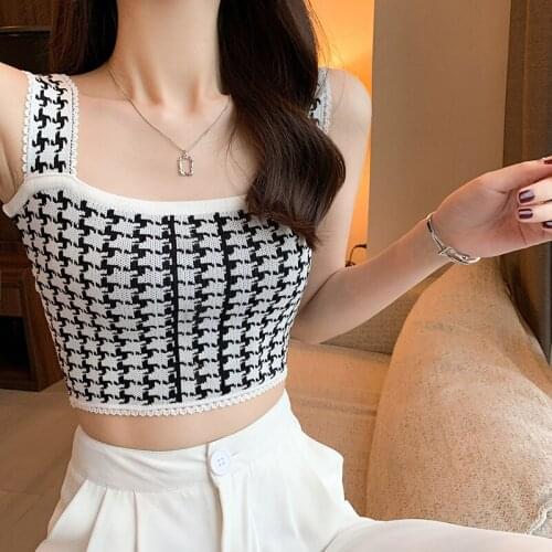 Women Ladies Summer Rib Knit Tank Tops Houndstooth Printed Sleeveless Square Collar Slim Wild Basic Exposed Navel Vest