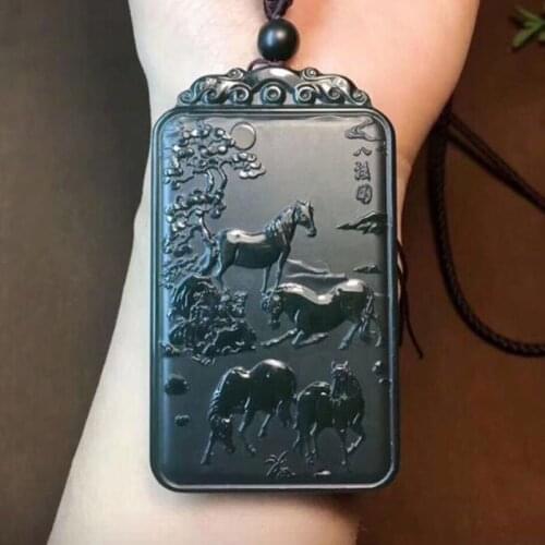 Natural He Tian Jade Eight Horse Figure Pendant Mascot Brings Good Luck