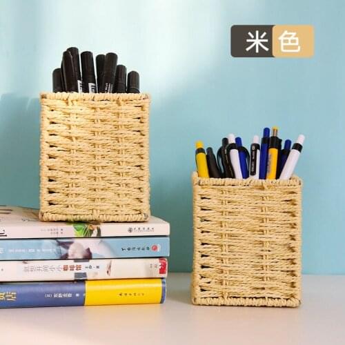 2021 New Weaving Simple Pen Holder Creative Handmade Straw Storage Box Office Desk Pen Holder Coffee Table Sundries Box