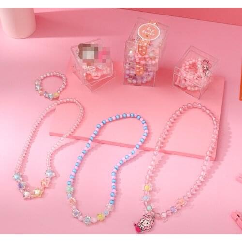 1 Set Cute Kid Cute Flower Pearl Necklace Bracelet Earrings Elastic Girls Fashion Princess Pink Children Kawaii Children Jewelry