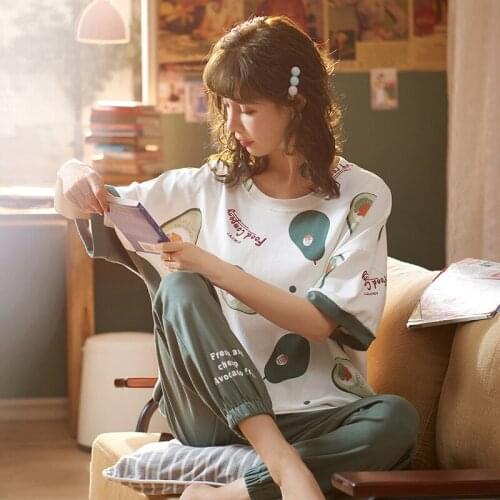 Summer Avocado Green Pajama Sets for Women Cotton PJS Short Sleeve Fashion Kawaii Sleepwear Atoff Home soft Nightwear