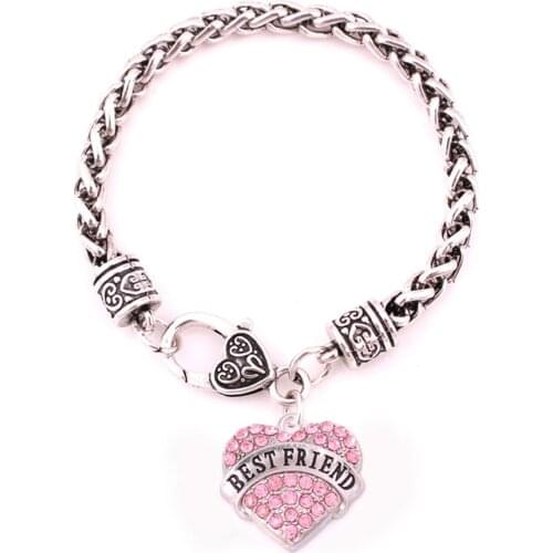Drop Shipping rhodium plated studded with sparkling crystal BEST FRIEND heart jewelry charm bracelet link chain