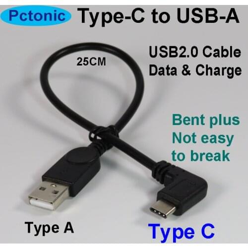 PCTONIC Type-C to USB-A male data power cable 90 Degree Right Angled elbow bending connector short Cable 25CM for power bank