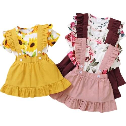 New 2Pcs Kids Summer Tracksuit Floral Short Sleeves T-Shirt + Solid Color Ruffled Overalls Dress for Girls 18 Months to 6 Years