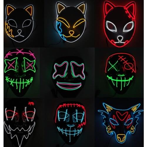 Glowing Scary Face Mask Japanese Fox Wolf Mascara Anime Accessories Cosplay LED Mask For Halloween Party Supplies