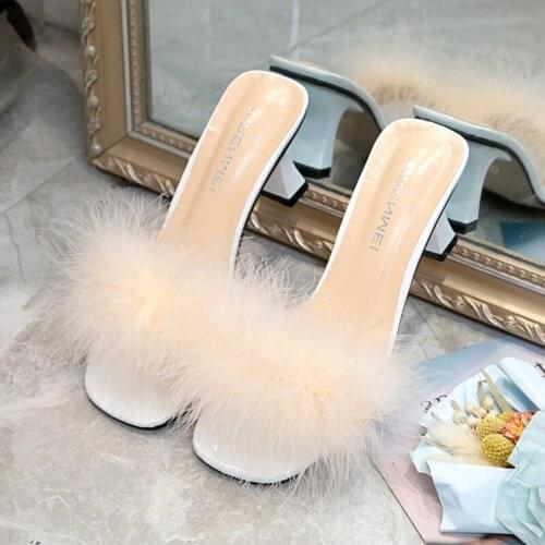 Womens Sandals and Slippers Summer High-heeled Womens Shoes 2021 New White Pink Slippers Mid-heel Leather Shoes Women