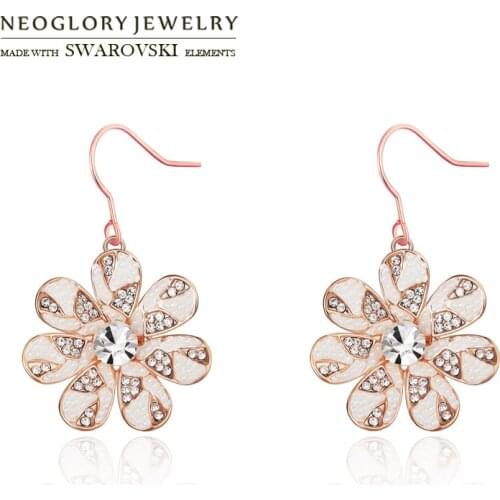 Neoglory Austria Rhinestone & Simulated Pearl Drop Earrings Rose Gold Color Exquisite Flower Style For Women Trendy Classic