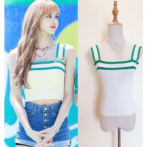 Kpop Korean Celebrity White Stripe knit camisole high waist tops women summer loose sexy tank top streetwear Harajuku clothes