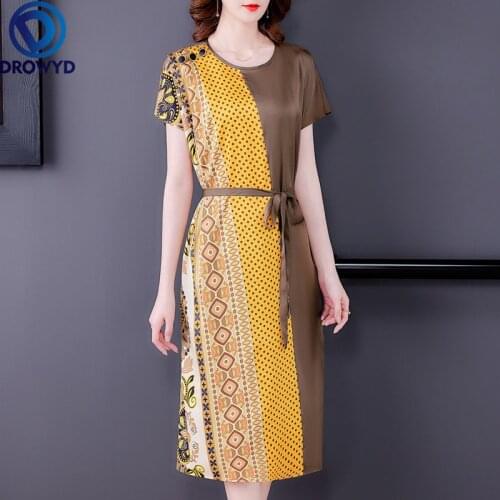 2021 Vintage Print Mulberry Silk Satin Midi Dress Summer New Yellow Boho Patchwork Dresses Women Elegant Bodycon Party Vestidos