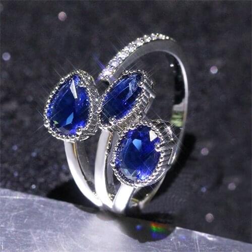 Women Ring Open Adjustable Blue Cubic Zirconia Rings Silver Plated Couple Wedding Rings Gift for Girlfriend Fashion Jewelle