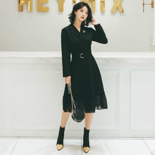 L-5XL Plus Size Sheer Spring Summer Dress 2020 Long Sleeve A Line Black Work Dress Women Corset Pleated Office Dress Ladies Robe