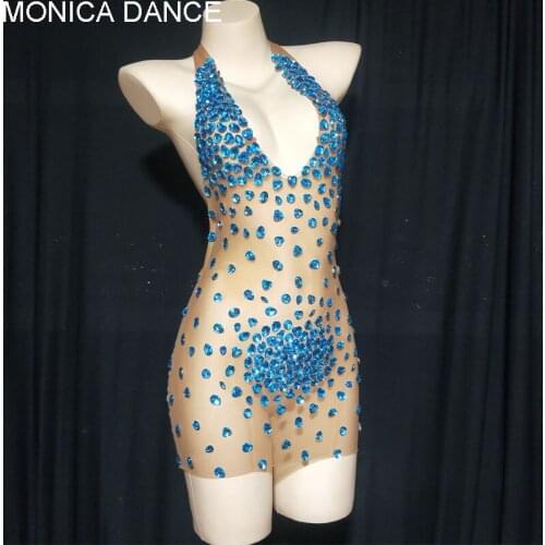 Women Sexy Stage Blue Gold Pink Rhinestone Transparent Dress Dancer Prom Backless Halter Outfit Evening Birthday Celebrate Dress