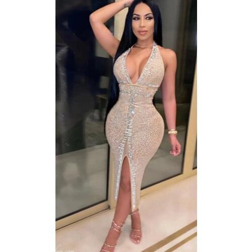 Women Sexy V Neck Mesh Diamonds Crystal Nude Elegant Bodycon Dress 2021 Ladies Club Celebrity Bodycon Midi Party Dress Vestido