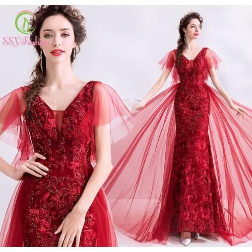 SSYfashion V Neck Short Sleeves Lace Up Back Floor Length Mermaid Fishtail Wine Evening Dress Custom Special Occasion Dresses