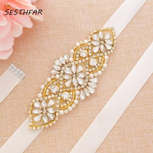 SESTHFAR Gold Rhinestone Bridal Belt Handmade Crystal Wedding Dress Belt Pearl Bridesmaid Sash For Bridal Accessories
