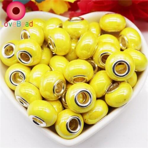 10Pcs Yellow Color Handmade Silver Plated Core Resin Muranos Charms Big Holes Fit Pandora Bracelet Bangle Chain Jewelry Making