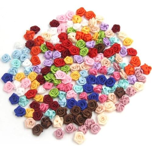 100PCS/Lot Mini Handmade Satin Rose Ribbon Rosettes Fabric Flower Appliques For Wedding Decoration Craft Sewing Accessories