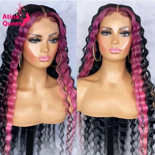 13x6 HD Lace Frontal Wig Deep Wave Highlight Pink Colored PrePlucked Transparent Full Glueless Lace Front Human Hair Wig 250