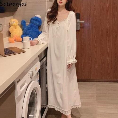 Women Long Sleeve Nightgowns White Fresh Temperament Lace Ankle-length Loose Cozy Sleepshirts Princess Large Size M-3XL Lounge
