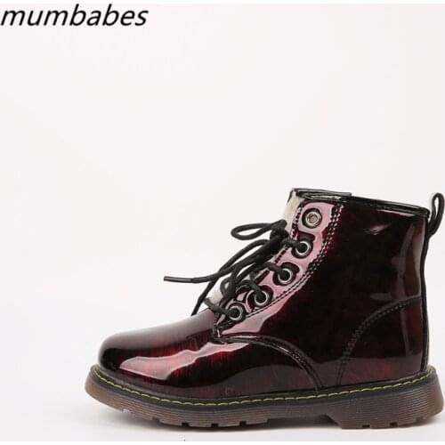 Mumbabes Patent Leather Boots for Girls Autumn Winter Martin Boots Boys Waterproof Plus Velvet Warm Shoes Childrens Snow Boots