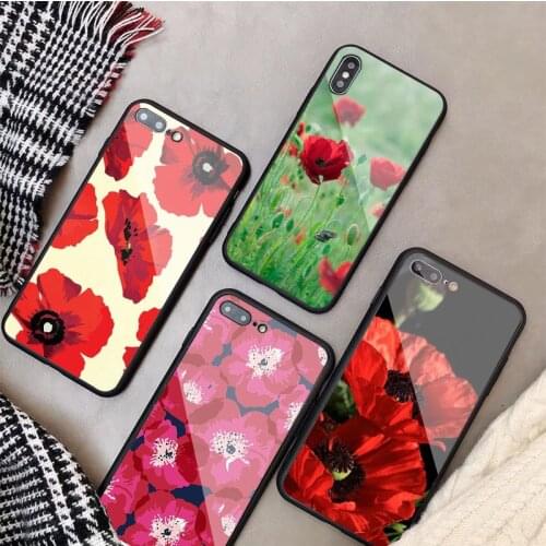 Red Poppies flowers pattern Tempered Glass Phone Case For iphone 12 11 Pro Max 5 6 7 8 PLUS X XS XR XSMax Shell