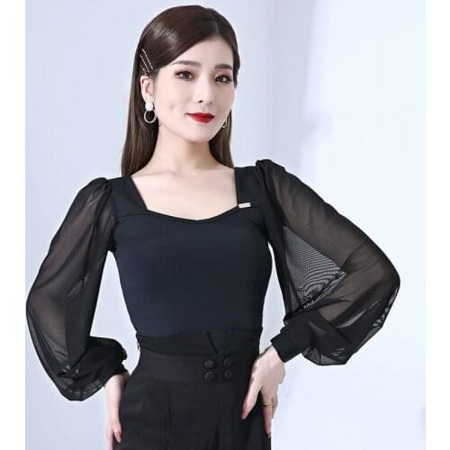 Black Mesh Puff SleeveY Latin Dance Tops Summe Ballroom Competition Stage Costume Female Waltz Salsa Performance Clothing YS2081